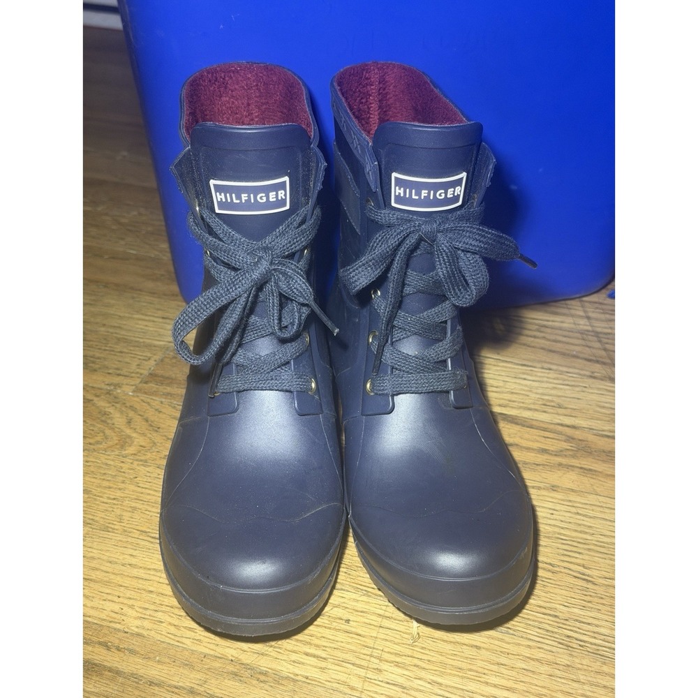 Tommy Hilfiger Size 8 Women's Blue/Red Lace-Up Lined Faux Fur Ankle Rain Boots